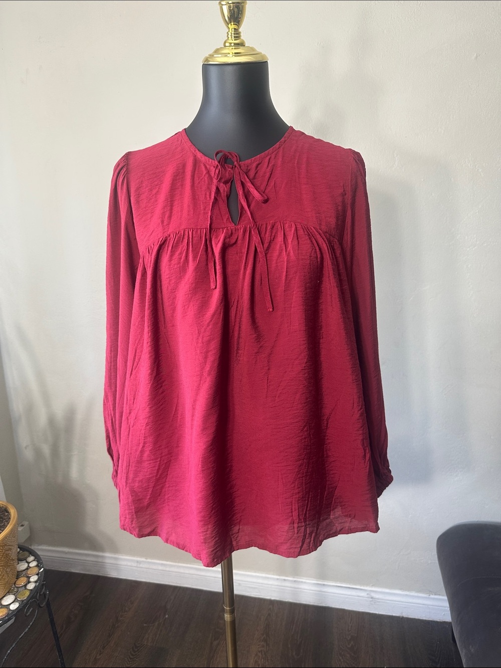 a new day Burgundy Tie-Neck Peasant Blouse